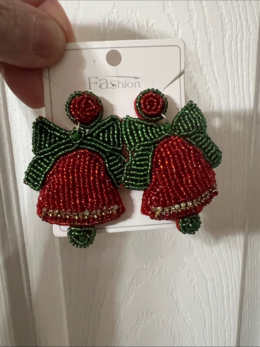 New Fashion Beaded Red Bell Earrings with Green Bow Detail